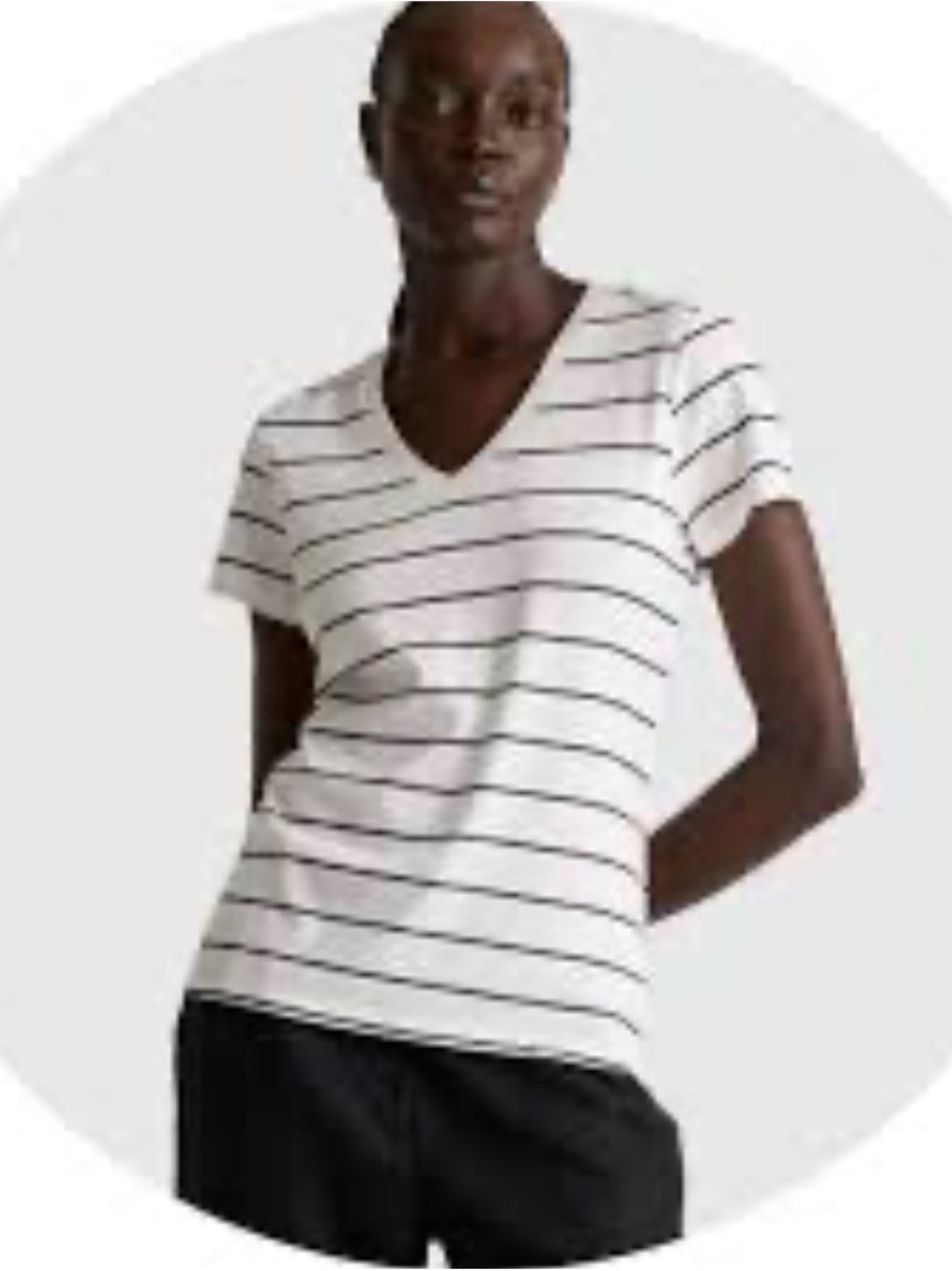 Quince Striped V-Neck Short-Sleeve Tee - White/Black XL